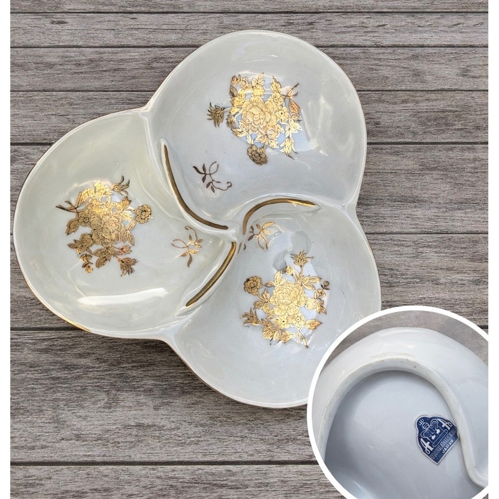 Vintage Arnart Japan Porcelain Divided Relish Dish 24K Gold Floral White Serving